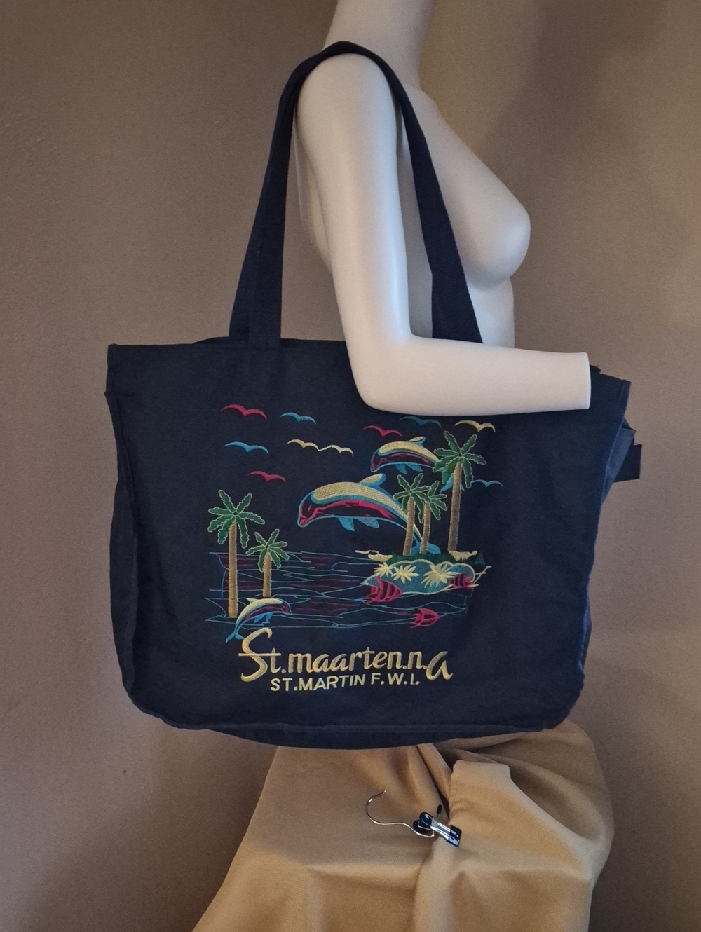 St. Maarten Canvas Tote with Colorful Island Embroidery 4 Inch Wide Bottom